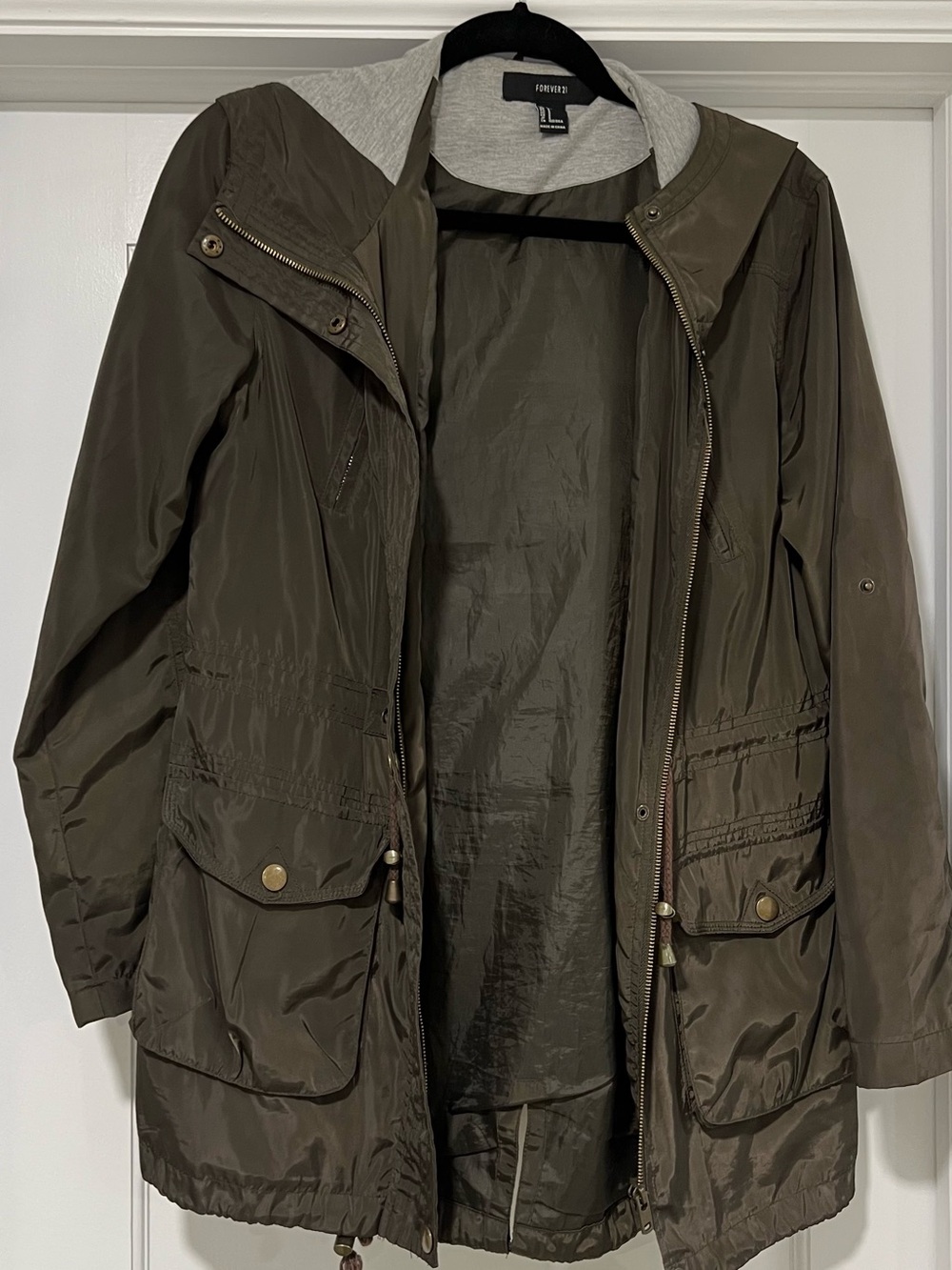 Forever 21 Olive Utility Anorak Jacket with Gray Hood Lining